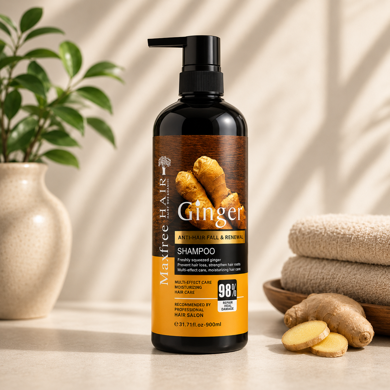 Maxfree Hair Ginger Anti-Hair Fall & Renewal Shampoo (900ml)
