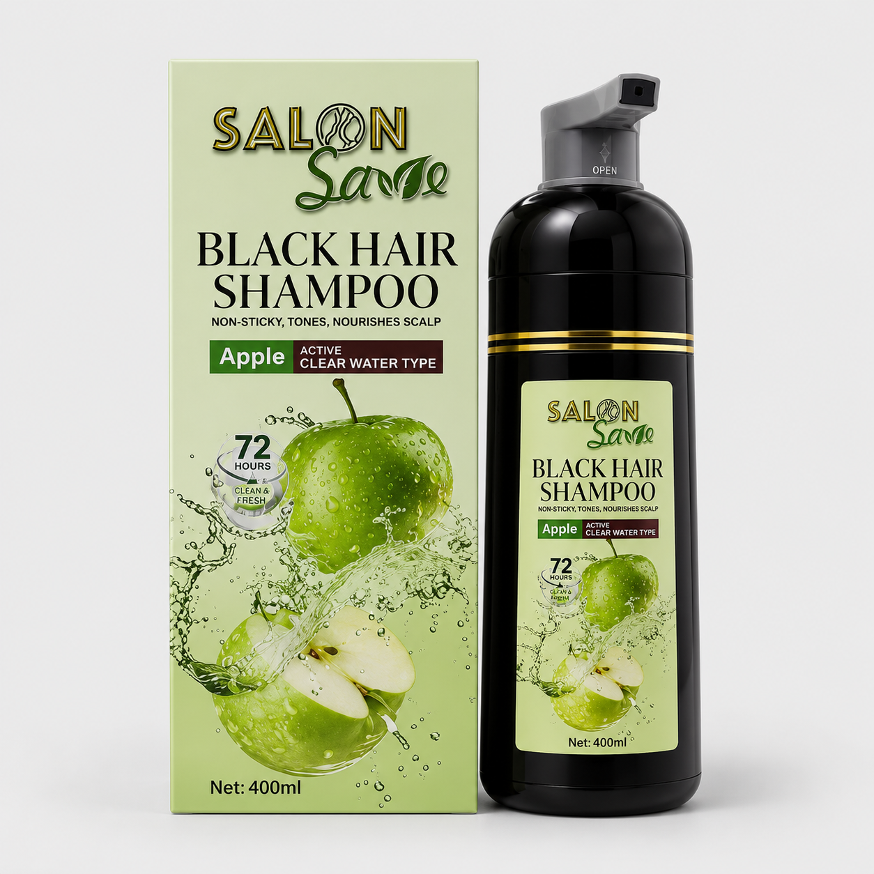 Salon Saga Black Hair Shampoo – Apple Extract Instant Grey Coverage (400ml)