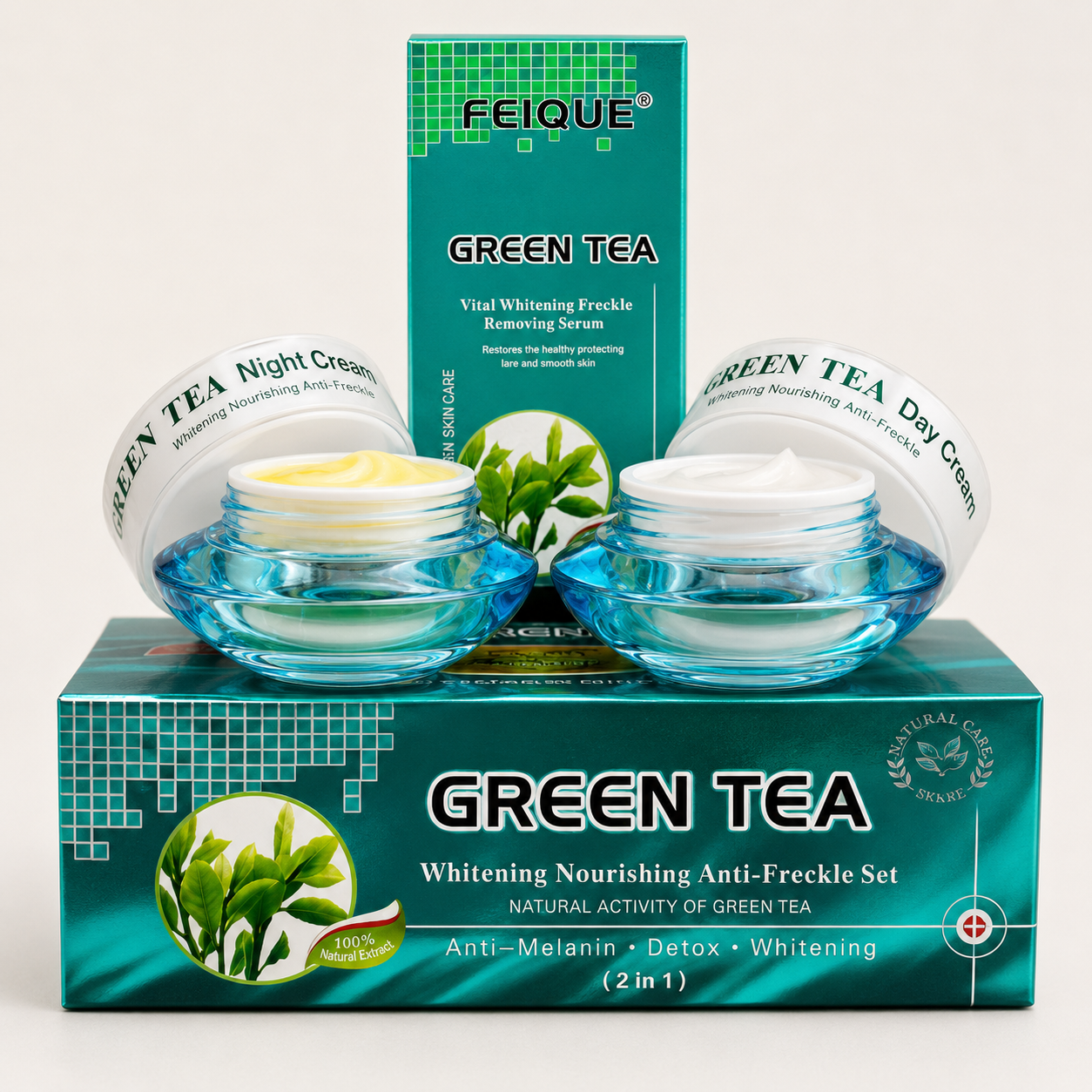 FEIQUE Green Tea Day & Night Cream Set – Whitening & Moisturizing Skin Care Duo